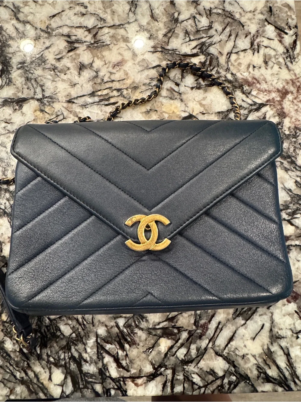 CHANEL Chevron Quilted Shoulder Bag - Dark Blue with Gold Hardware